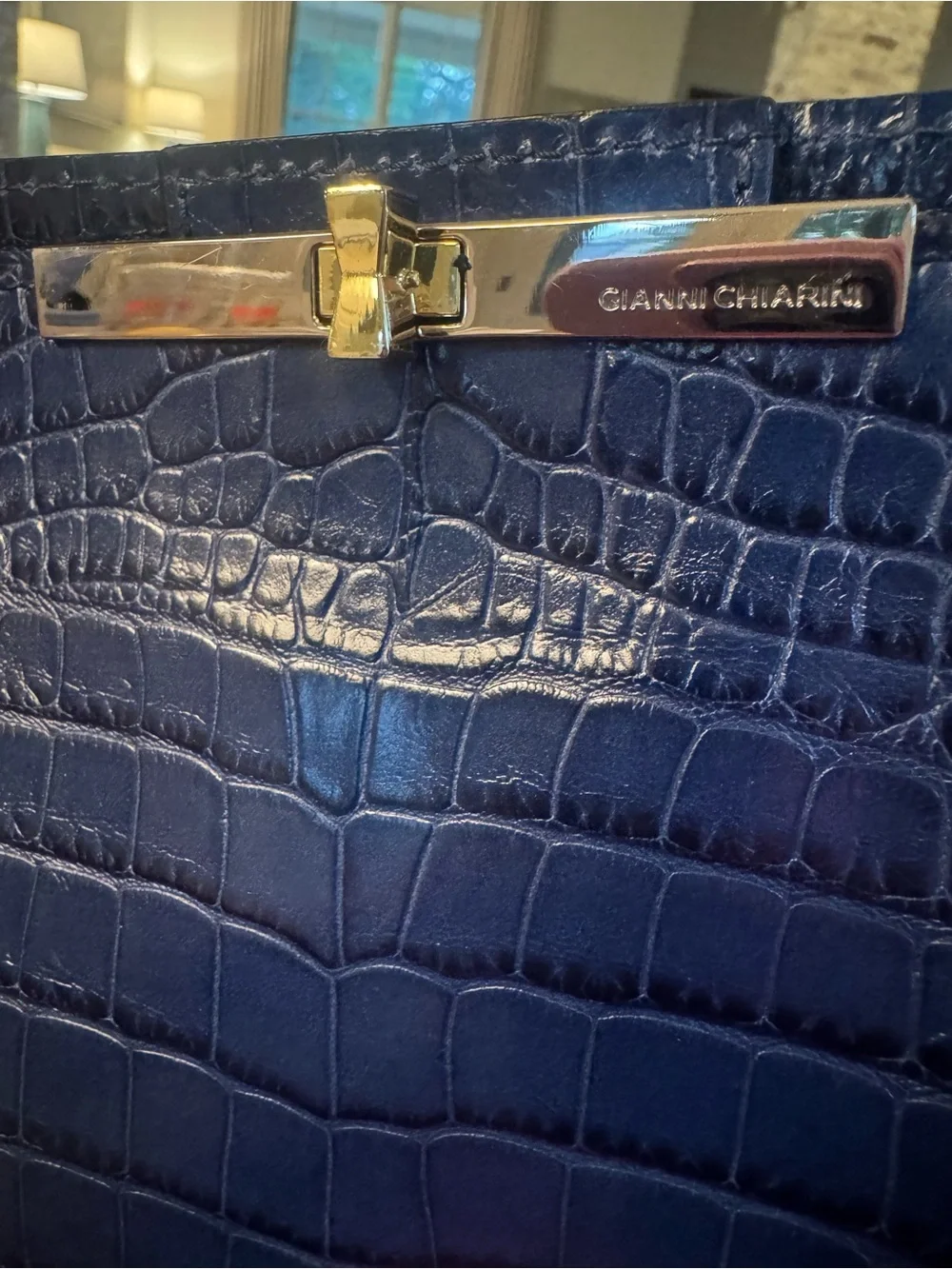 Gianni Chiarini Italian Navy Blue Croc Embossed Leather Handbag / Satchel